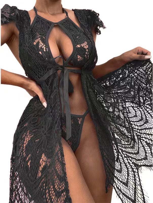 Sateileva "Midnight Blossom" 3-Piece Lingerie Set – Sheer Floral Embroidered Bra, Garter Belt & Thong