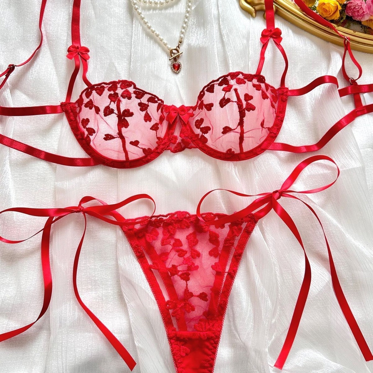 Sateileva "Amore" Heart Embroidered Lingerie Set – Sheer Lace Underwire Bra & Tie-Side Thong Set