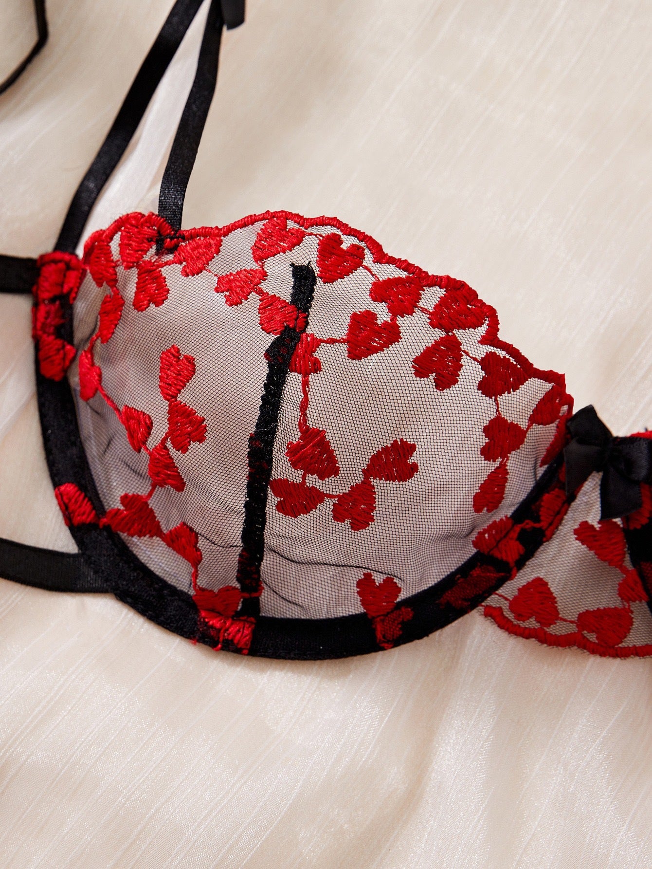Sateileva "Amore" Heart Embroidered Lingerie Set – Sheer Lace Underwire Bra & Tie-Side Thong Set