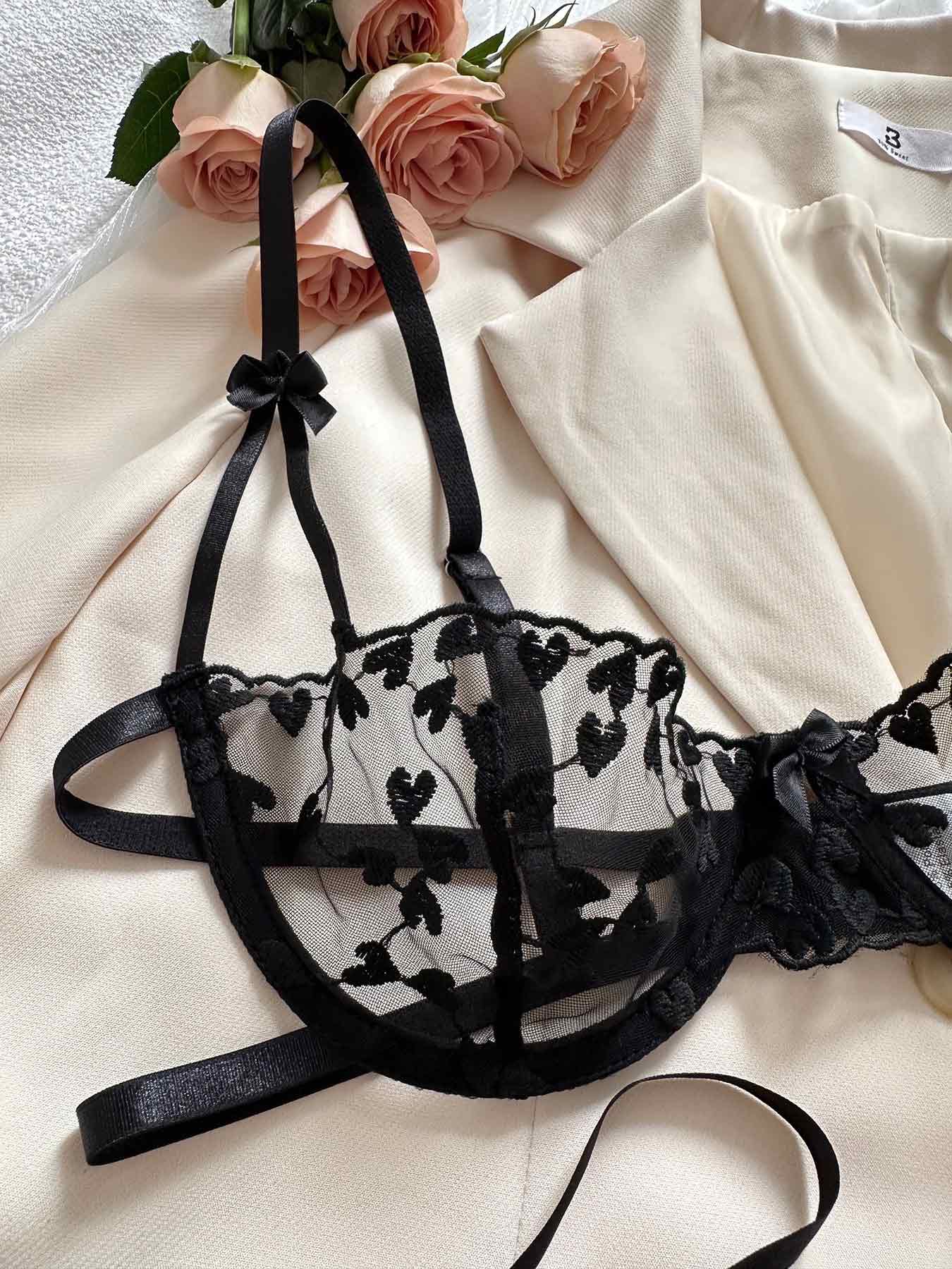 Sateileva "Amore" Heart Embroidered Lingerie Set – Sheer Lace Underwire Bra & Tie-Side Thong Set