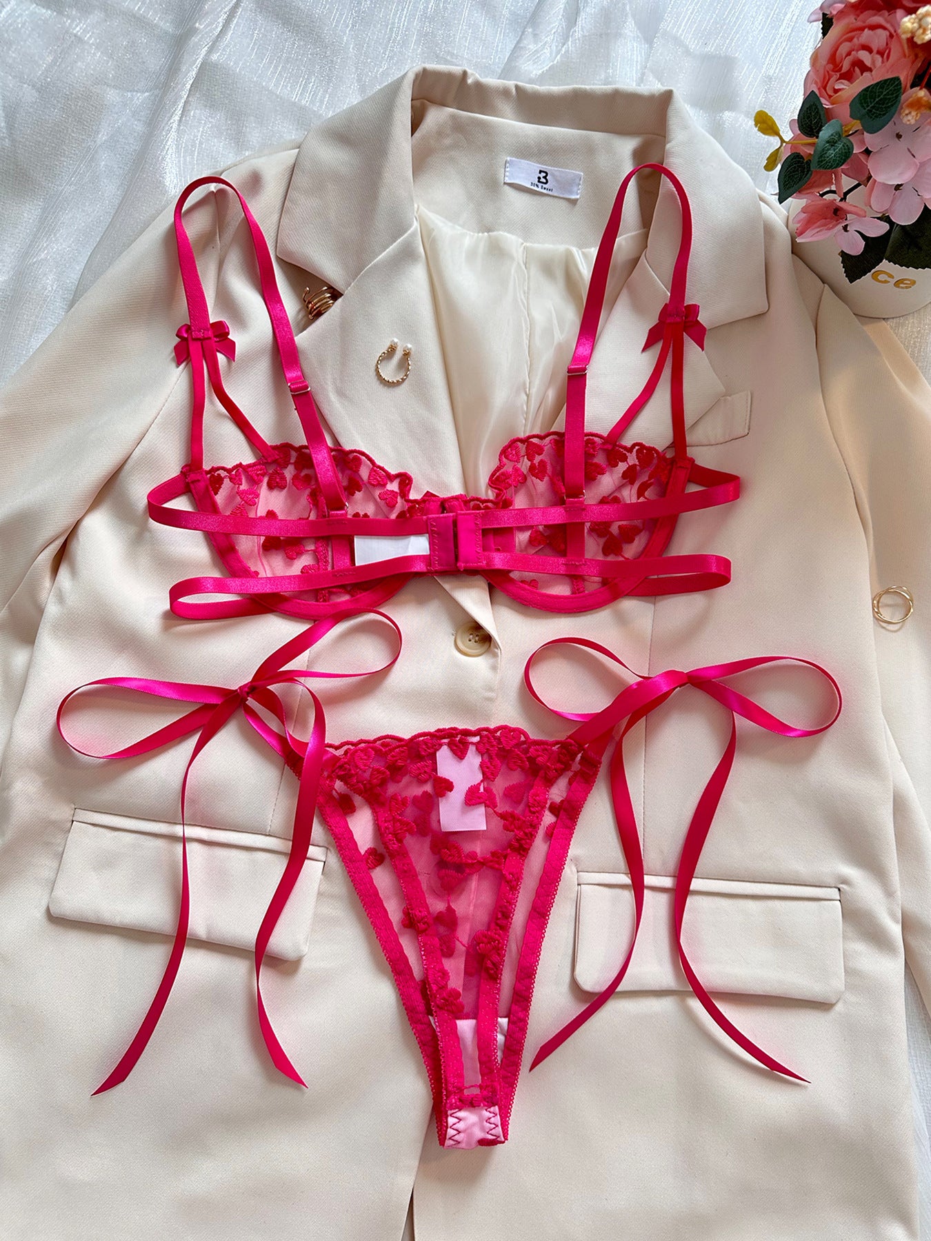 Sateileva "Amore" Heart Embroidered Lingerie Set – Sheer Lace Underwire Bra & Tie-Side Thong Set