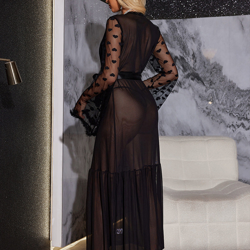 Sateileva Sheer Heart Print Long Robe – Romantic Mesh Nightgown with Faux Fur Trim & Satin Waist Tie – Sexy Maxi Kimono Lingerie