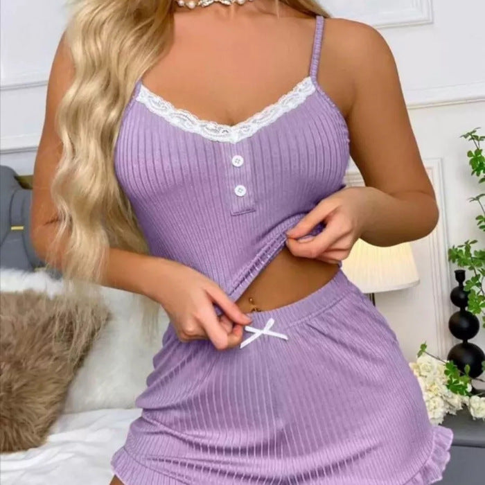 Women's Ribbed Knit Lounge Set – 2-Piece Lace Trim Camisole and Ruffle Shorts Pajama Set
