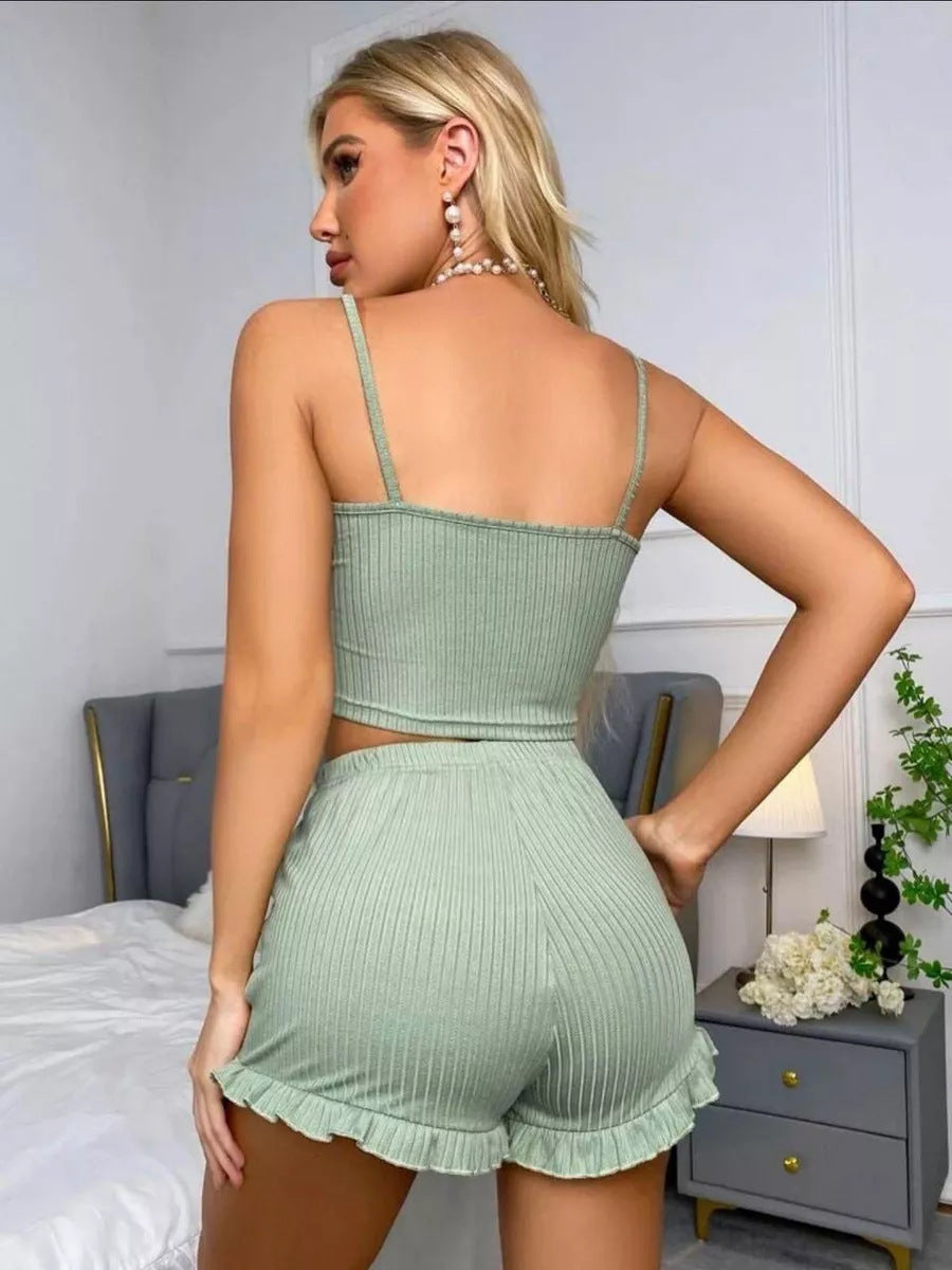 Women's Ribbed Knit Lounge Set – 2-Piece Lace Trim Camisole and Ruffle Shorts Pajama Set