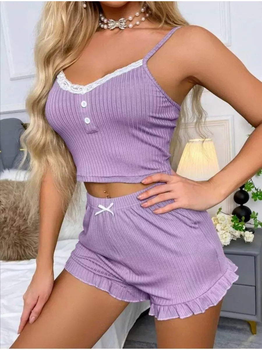 Women's Ribbed Knit Lounge Set – 2-Piece Lace Trim Camisole and Ruffle Shorts Pajama Set