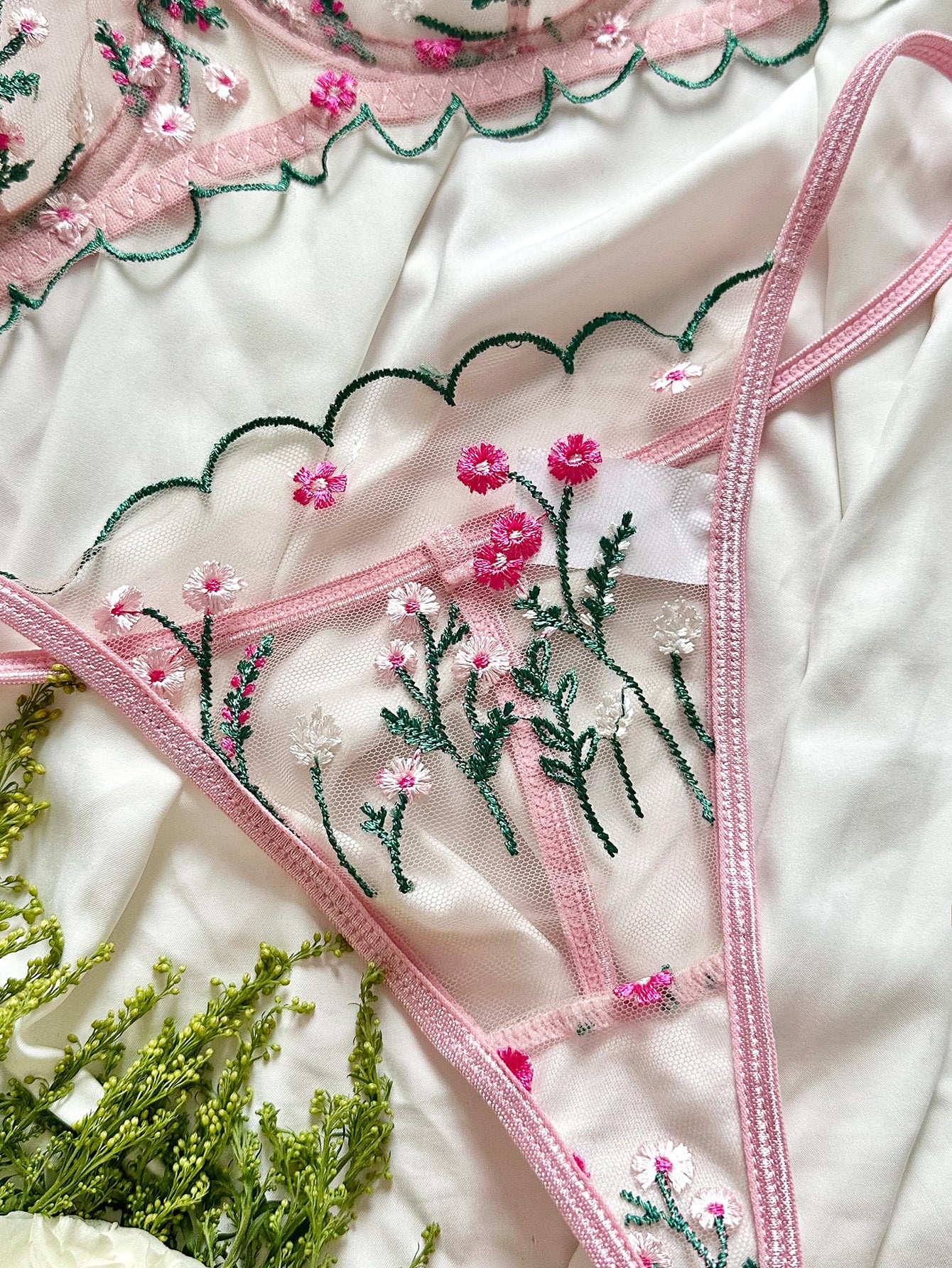 Sateileva Pink Floral Embroidery Lingerie Set - Sheer Mesh Underwire Bra & Thong - Romantic Scalloped Lace Intimates