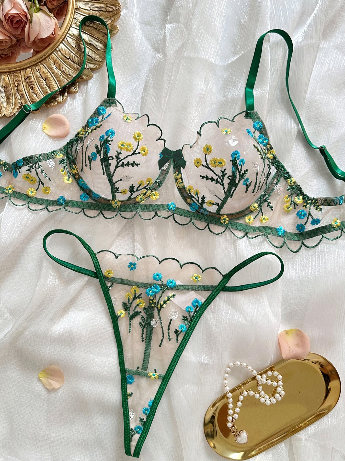 Sateileva Pink Floral Embroidery Lingerie Set - Sheer Mesh Underwire Bra & Thong - Romantic Scalloped Lace Intimates