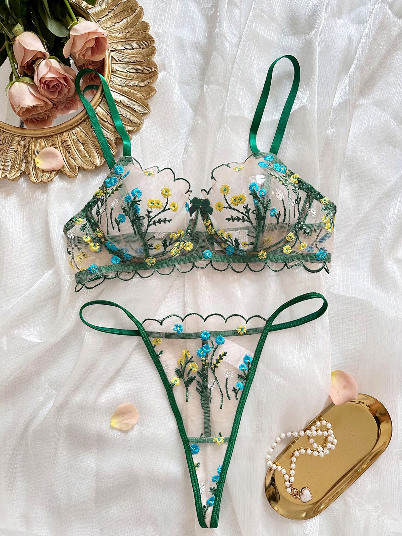 Sateileva Pink Floral Embroidery Lingerie Set - Sheer Mesh Underwire Bra & Thong - Romantic Scalloped Lace Intimates