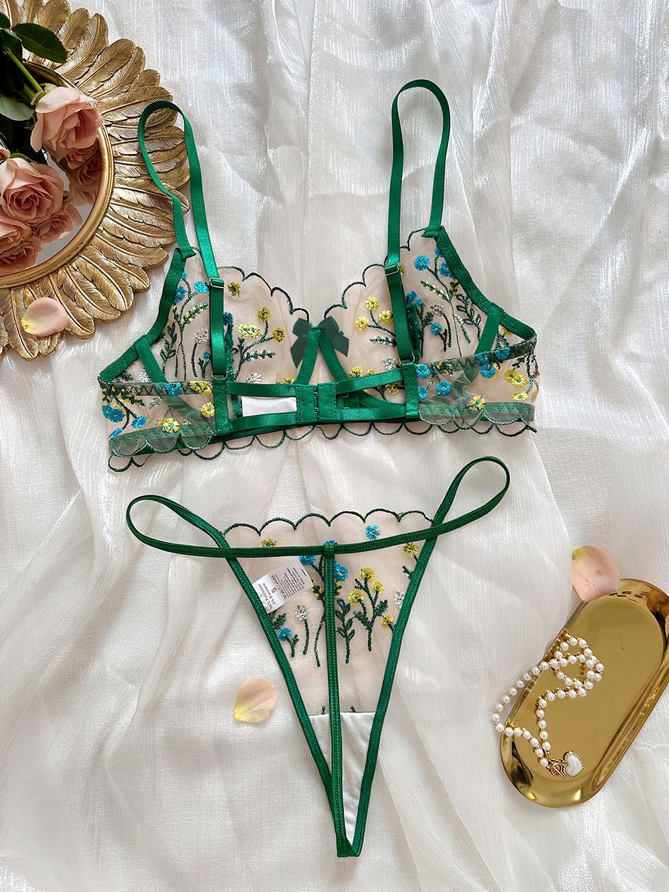 Sateileva Pink Floral Embroidery Lingerie Set - Sheer Mesh Underwire Bra & Thong - Romantic Scalloped Lace Intimates