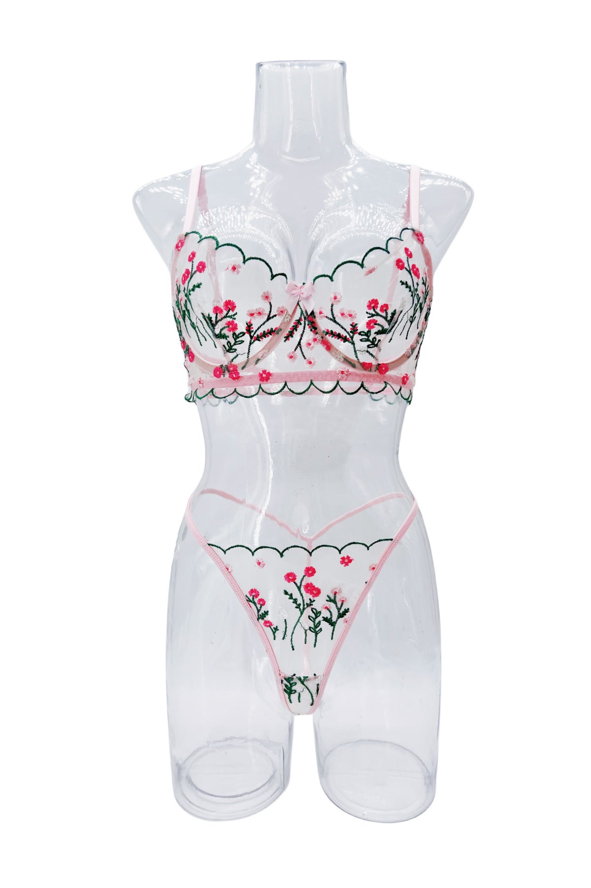 Sateileva Pink Floral Embroidery Lingerie Set - Sheer Mesh Underwire Bra & Thong - Romantic Scalloped Lace Intimates
