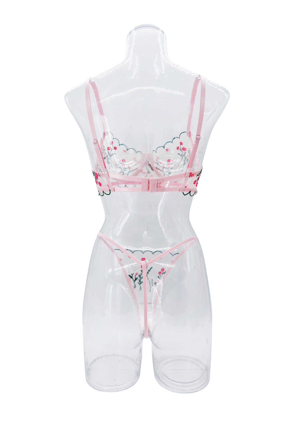 Sateileva Pink Floral Embroidery Lingerie Set - Sheer Mesh Underwire Bra & Thong - Romantic Scalloped Lace Intimates