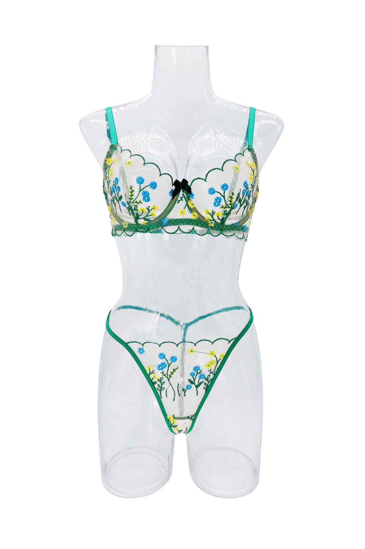 Sateileva Pink Floral Embroidery Lingerie Set - Sheer Mesh Underwire Bra & Thong - Romantic Scalloped Lace Intimates