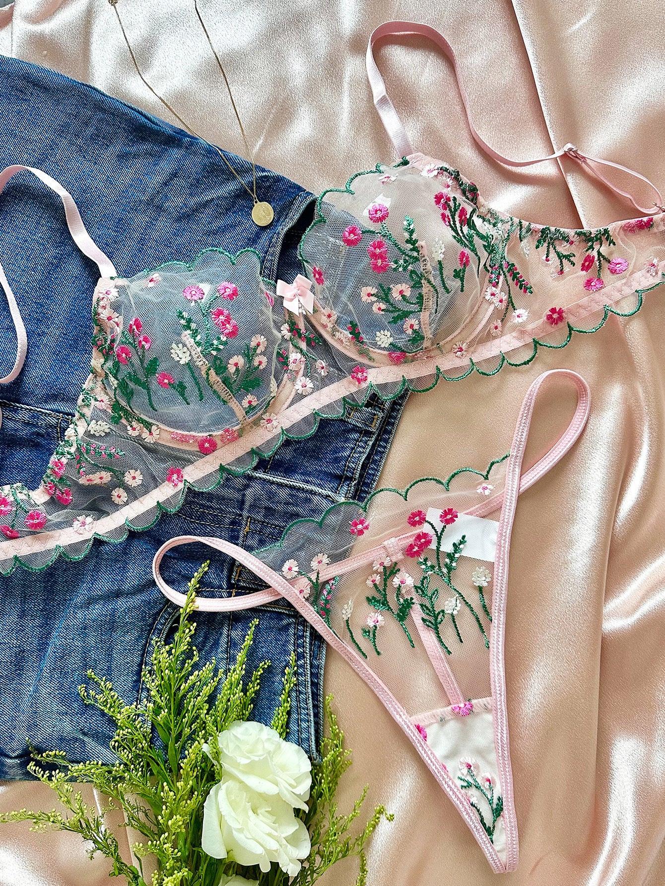 Sateileva Pink Floral Embroidery Lingerie Set - Sheer Mesh Underwire Bra & Thong - Romantic Scalloped Lace Intimates
