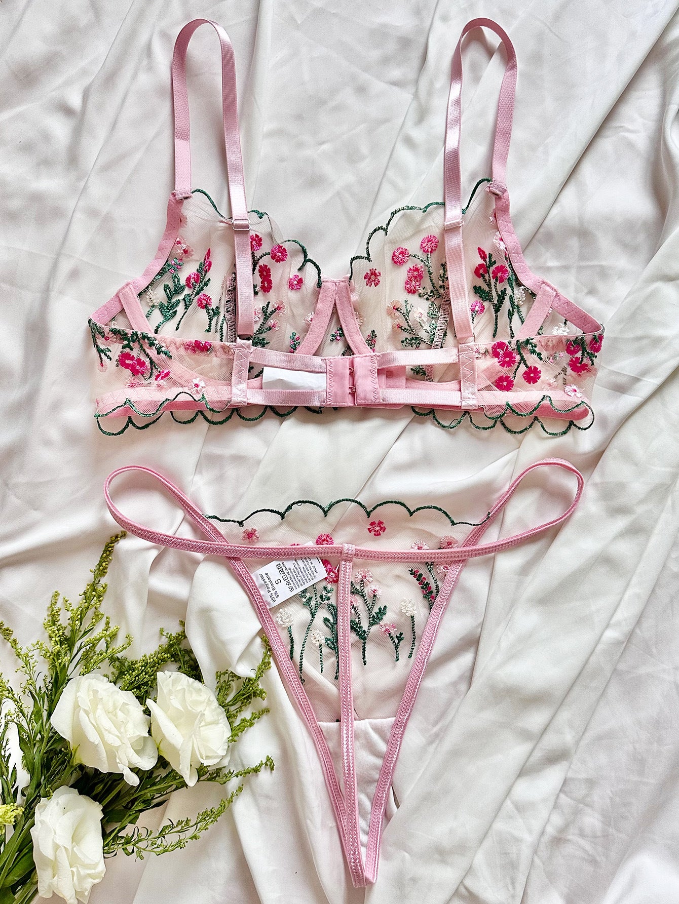 Sateileva Pink Floral Embroidery Lingerie Set - Sheer Mesh Underwire Bra & Thong - Romantic Scalloped Lace Intimates