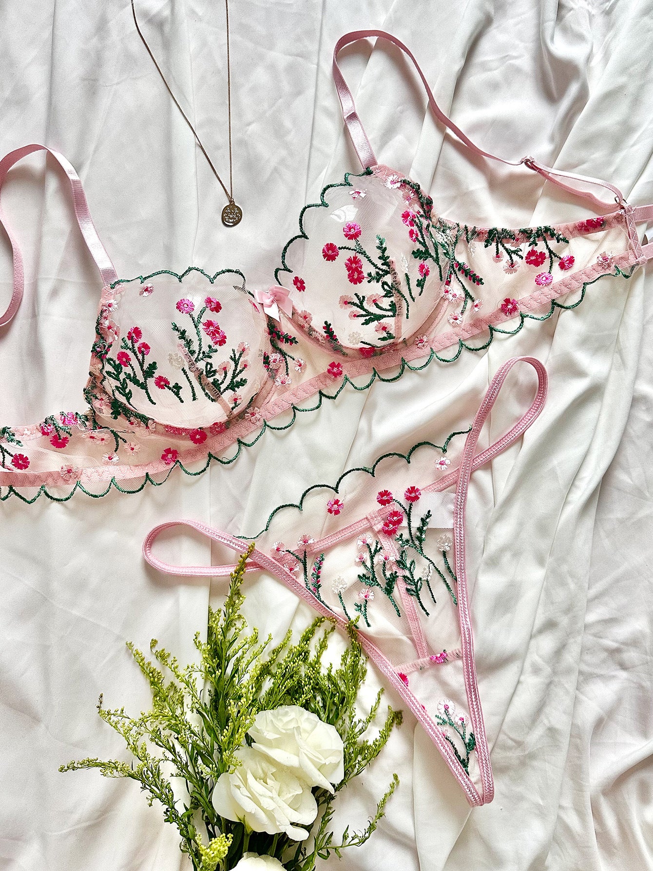 Sateileva Pink Floral Embroidery Lingerie Set - Sheer Mesh Underwire Bra & Thong - Romantic Scalloped Lace Intimates