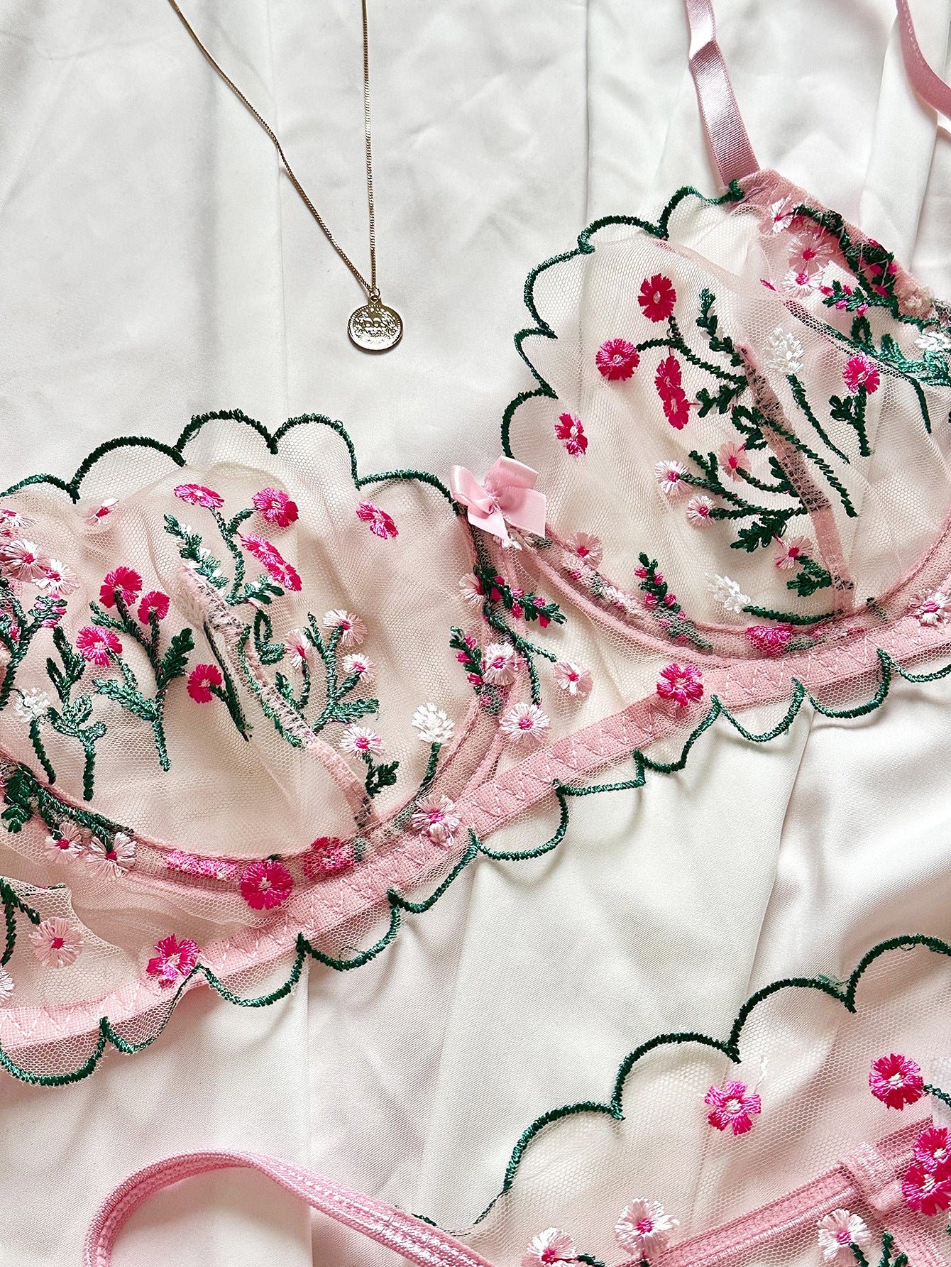 Sateileva Pink Floral Embroidery Lingerie Set - Sheer Mesh Underwire Bra & Thong - Romantic Scalloped Lace Intimates