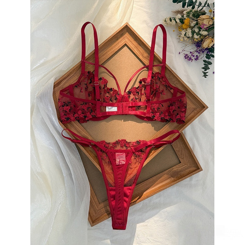 Sateileva "Midnight Rose" Floral Embroidered Lingerie Set – Sheer Lace Underwire Bra & Thong with Scalloped Trim