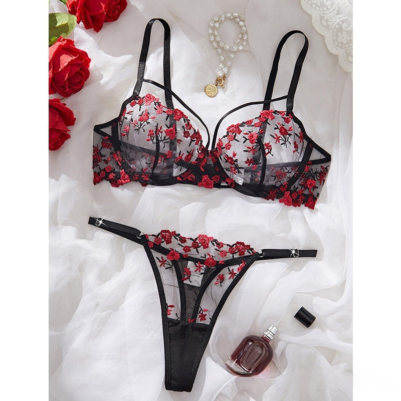 Sateileva "Midnight Rose" Floral Embroidered Lingerie Set – Sheer Lace Underwire Bra & Thong with Scalloped Trim