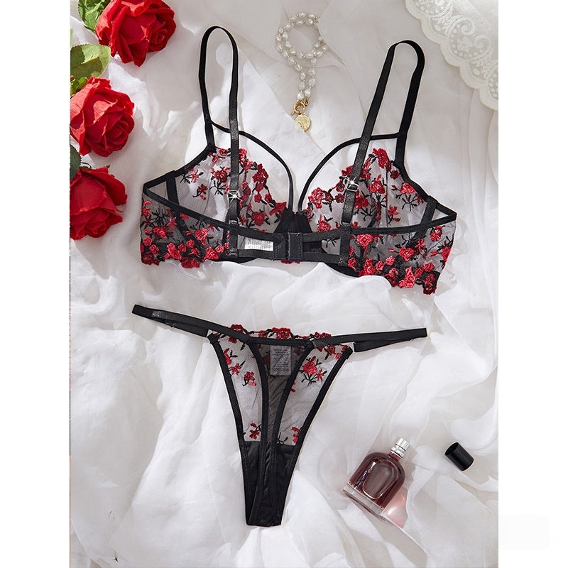 Sateileva "Midnight Rose" Floral Embroidered Lingerie Set – Sheer Lace Underwire Bra & Thong with Scalloped Trim
