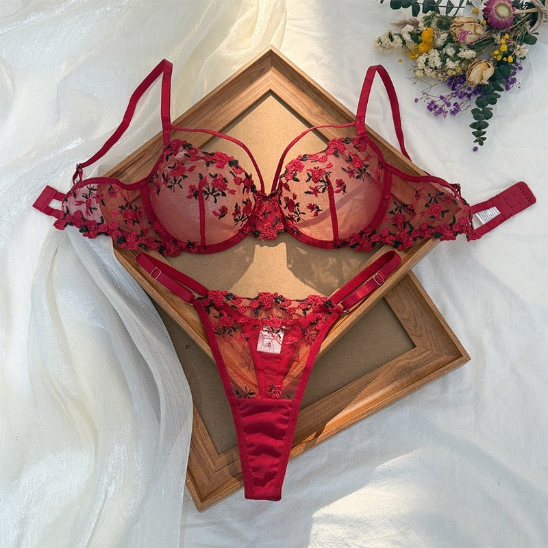 Sateileva "Midnight Rose" Floral Embroidered Lingerie Set – Sheer Lace Underwire Bra & Thong with Scalloped Trim