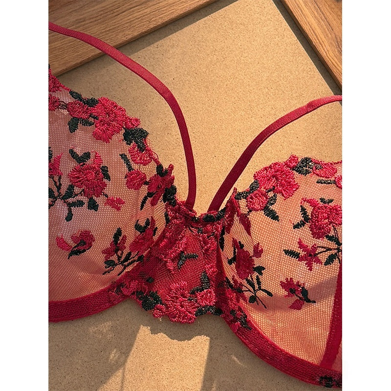 Sateileva "Midnight Rose" Floral Embroidered Lingerie Set – Sheer Lace Underwire Bra & Thong with Scalloped Trim