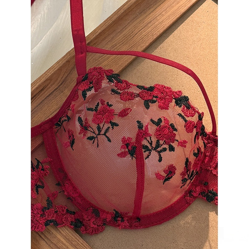 Sateileva "Midnight Rose" Floral Embroidered Lingerie Set – Sheer Lace Underwire Bra & Thong with Scalloped Trim