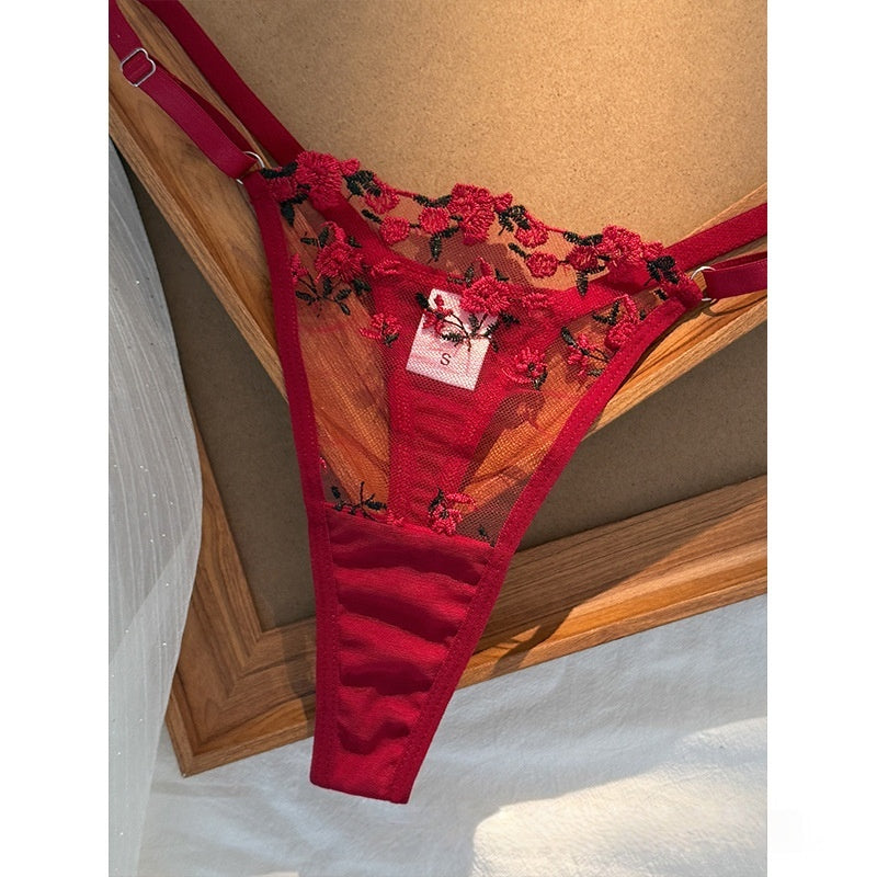 Sateileva "Midnight Rose" Floral Embroidered Lingerie Set – Sheer Lace Underwire Bra & Thong with Scalloped Trim