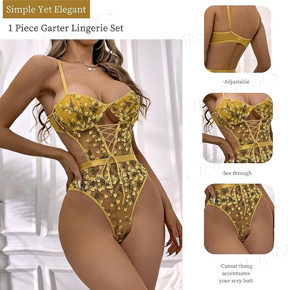 Sateileva "Crimson Vine" Embroidered Lingerie Set – 4-Piece Strappy Harness & Garter Set with Floral Lace