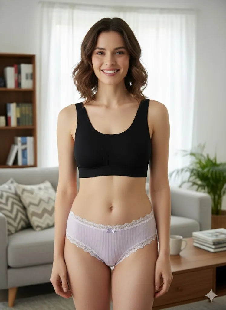 Sateileva Women’s Ribbed Cotton Lace-Trim Panties (Set Of 4, 7 and 10 ) – Soft Breathable Low-Rise Hipster Underwear