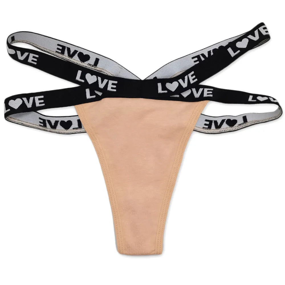 Sateileva set of (3 and 6) Women’s Sexy Criss-Cross Strappy Thong – Breathable Cotton G-String with "LOVE" Heart Print