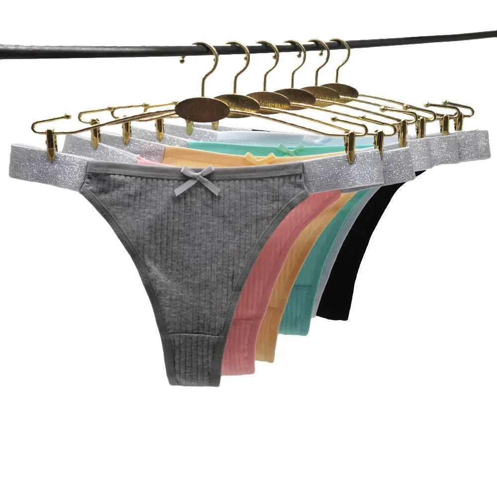 Sateileva pack of (3 and 6) Women's Ribbed Cotton Thong with Sparkle Elastic Waistband – Breathable Low-Rise Panties with Bow Detail