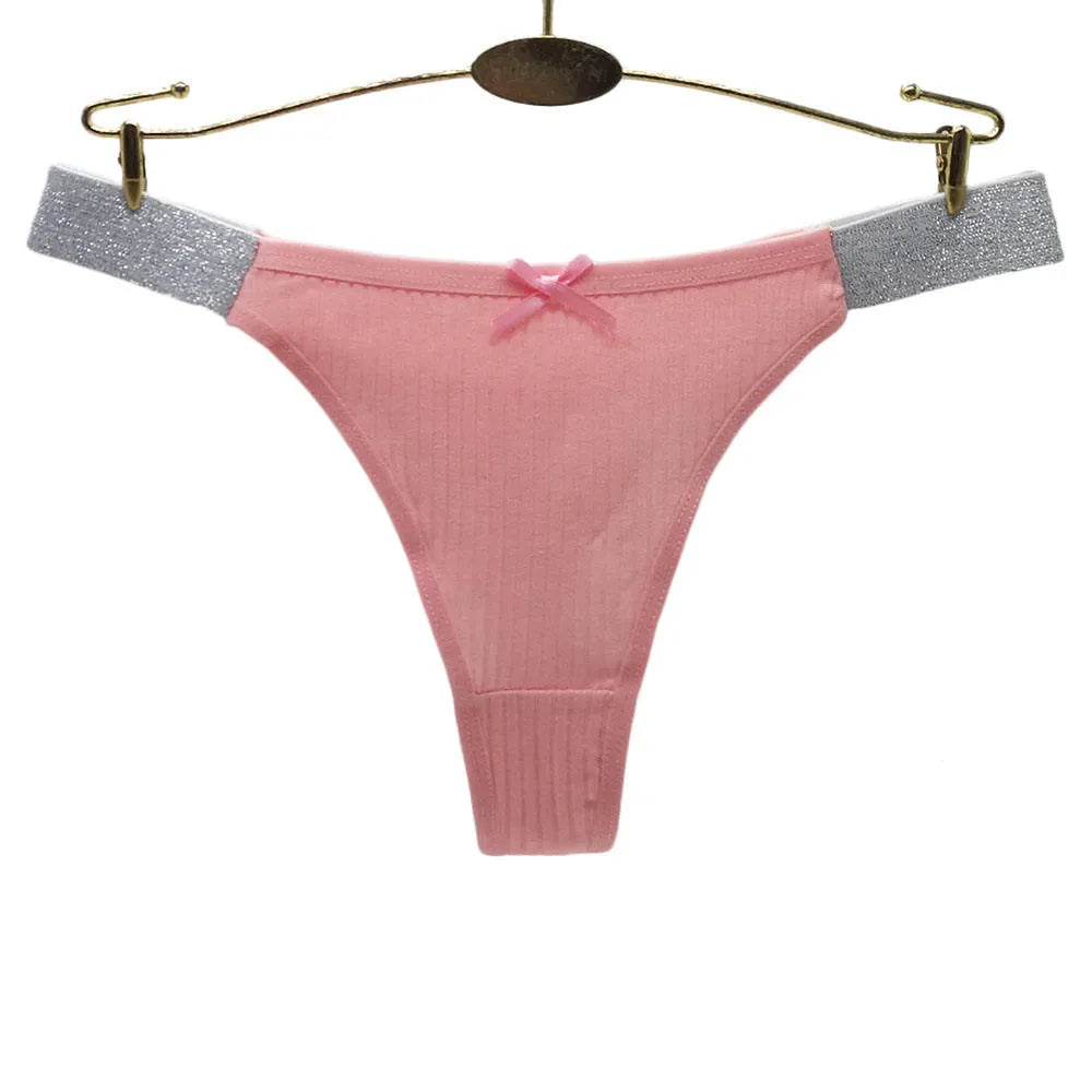 Sateileva pack of (3 and 6) Women's Ribbed Cotton Thong with Sparkle Elastic Waistband – Breathable Low-Rise Panties with Bow Detail