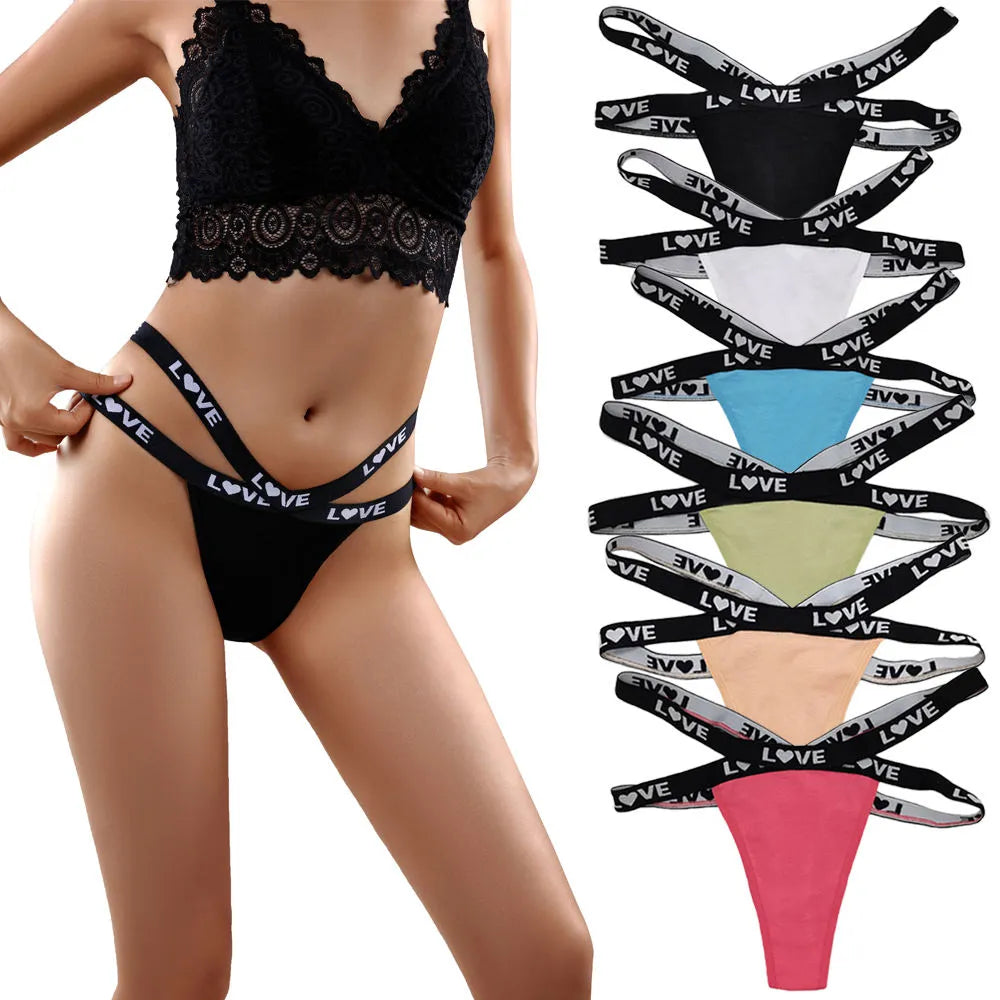 Sateileva set of (3 and 6) Women’s Sexy Criss-Cross Strappy Thong – Breathable Cotton G-String with "LOVE" Heart Print