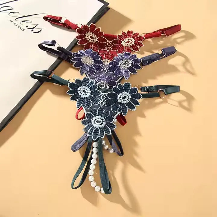 Lace Thong Panties 3D Embroidered Sunflower Pearl Crotchless T Back G-String Thongs Women Sexy Underwear