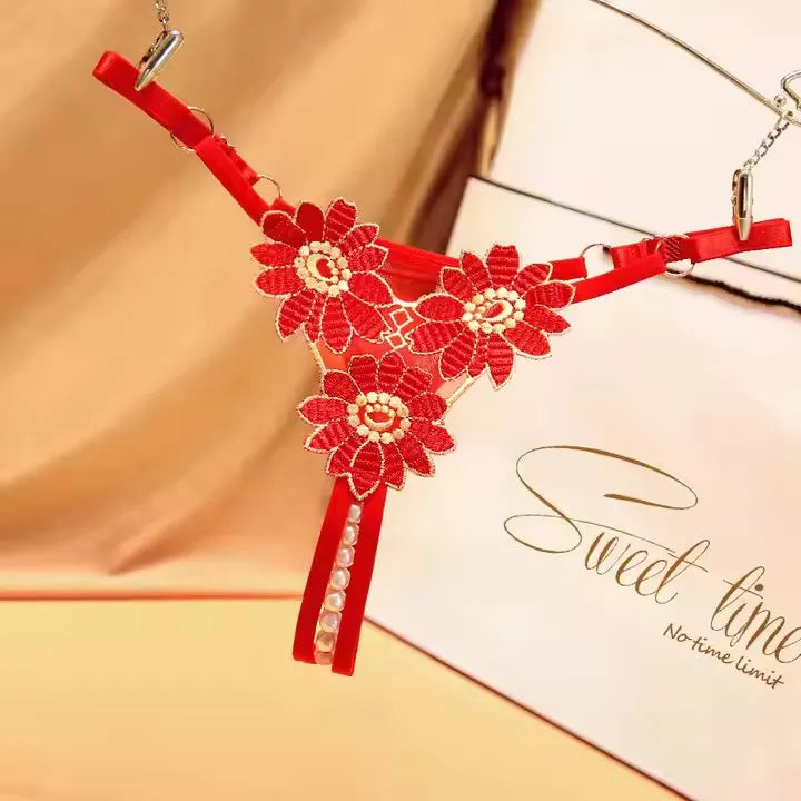 Lace Thong Panties 3D Embroidered Sunflower Pearl Crotchless T Back G-String Thongs Women Sexy Underwear