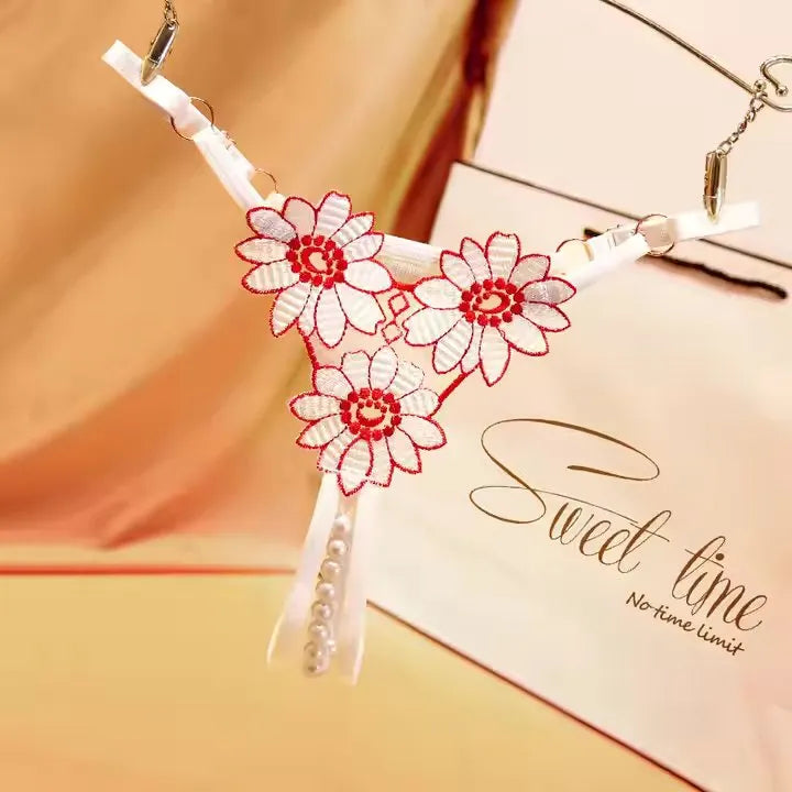 Lace Thong Panties 3D Embroidered Sunflower Pearl Crotchless T Back G-String Thongs Women Sexy Underwear