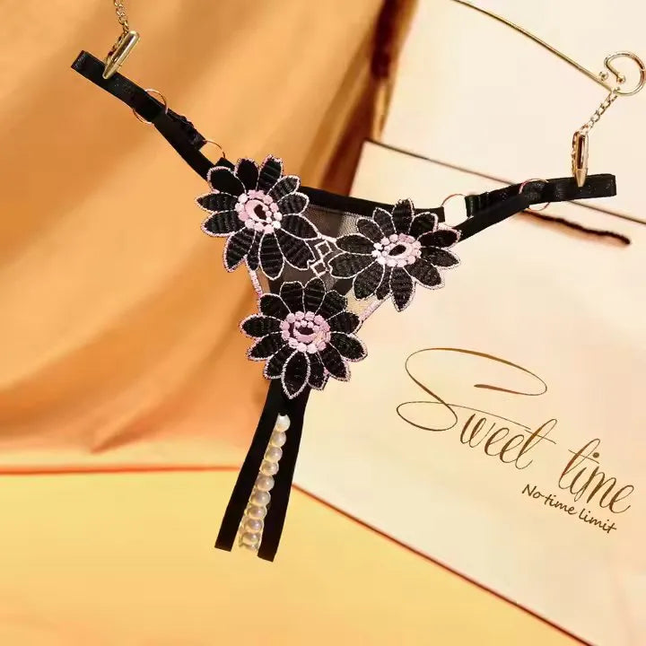 Lace Thong Panties 3D Embroidered Sunflower Pearl Crotchless T Back G-String Thongs Women Sexy Underwear