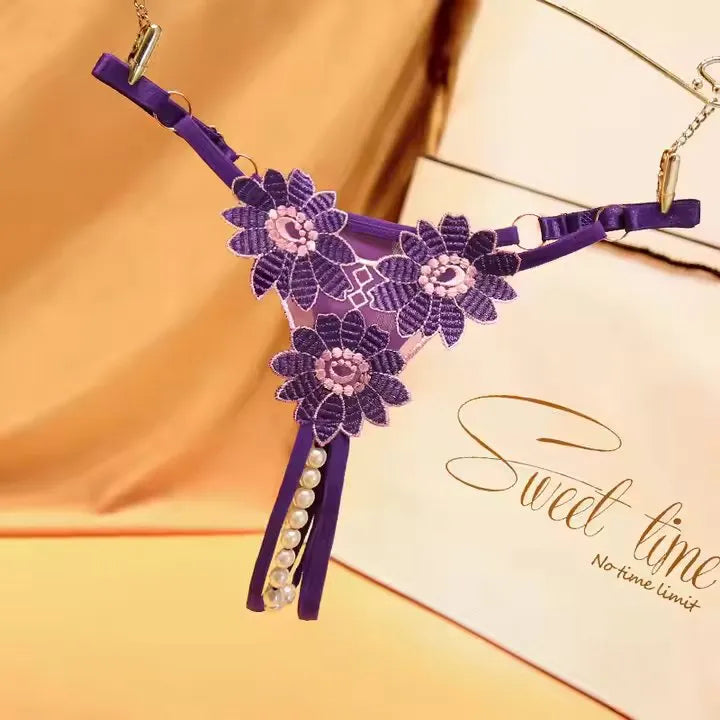 Lace Thong Panties 3D Embroidered Sunflower Pearl Crotchless T Back G-String Thongs Women Sexy Underwear