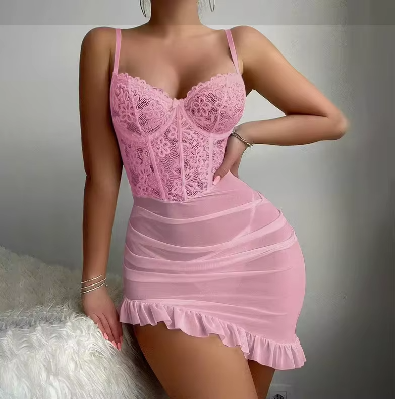 Sateileva New Women's Sexy Sleepwear Set Mesh Lace Perspective Temptation Short Skirt Underwear Pajamas See-Through Dress